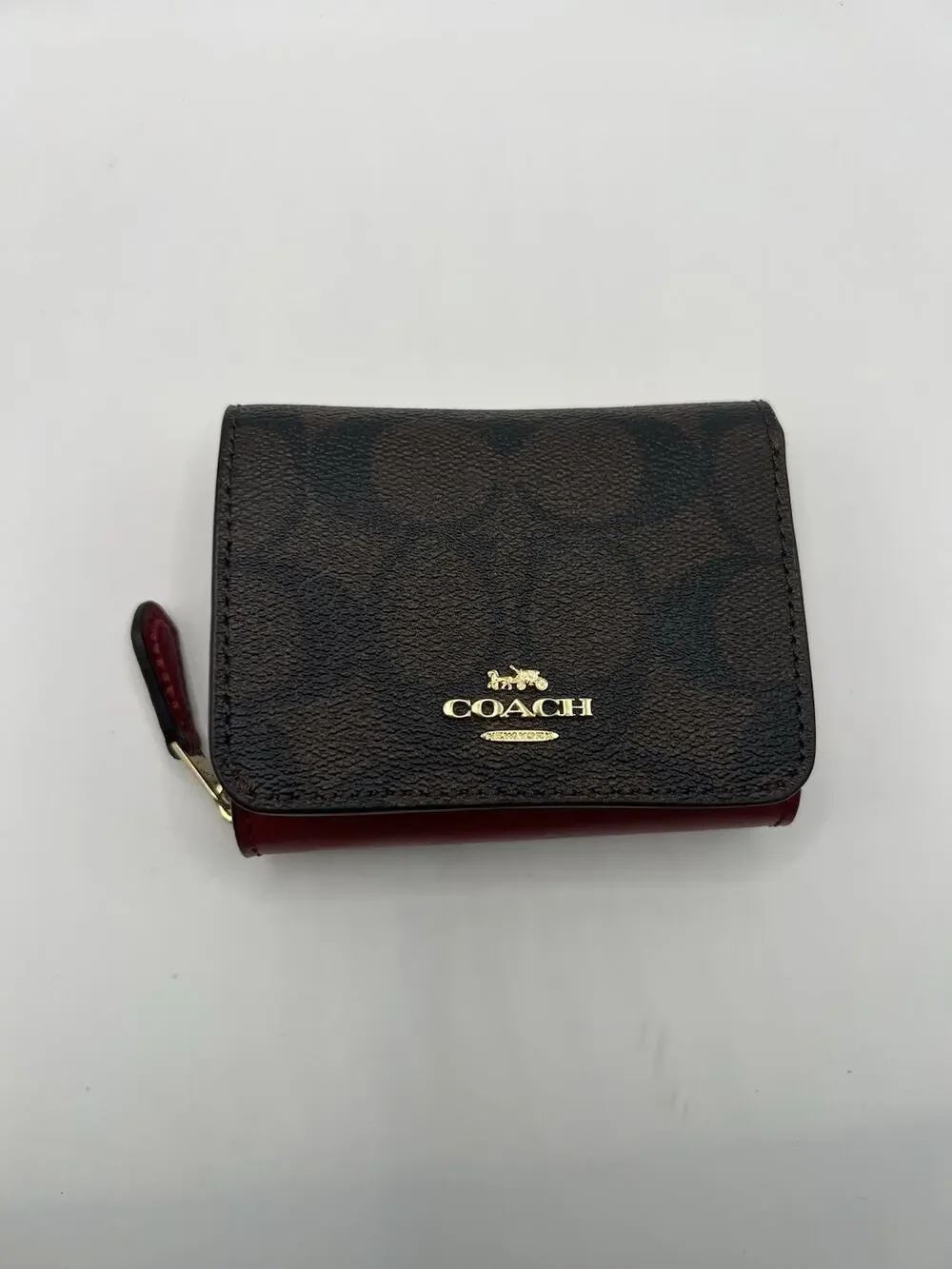Coach Small Signature Monogram Canvas red leather Trifold Wallet mini compact